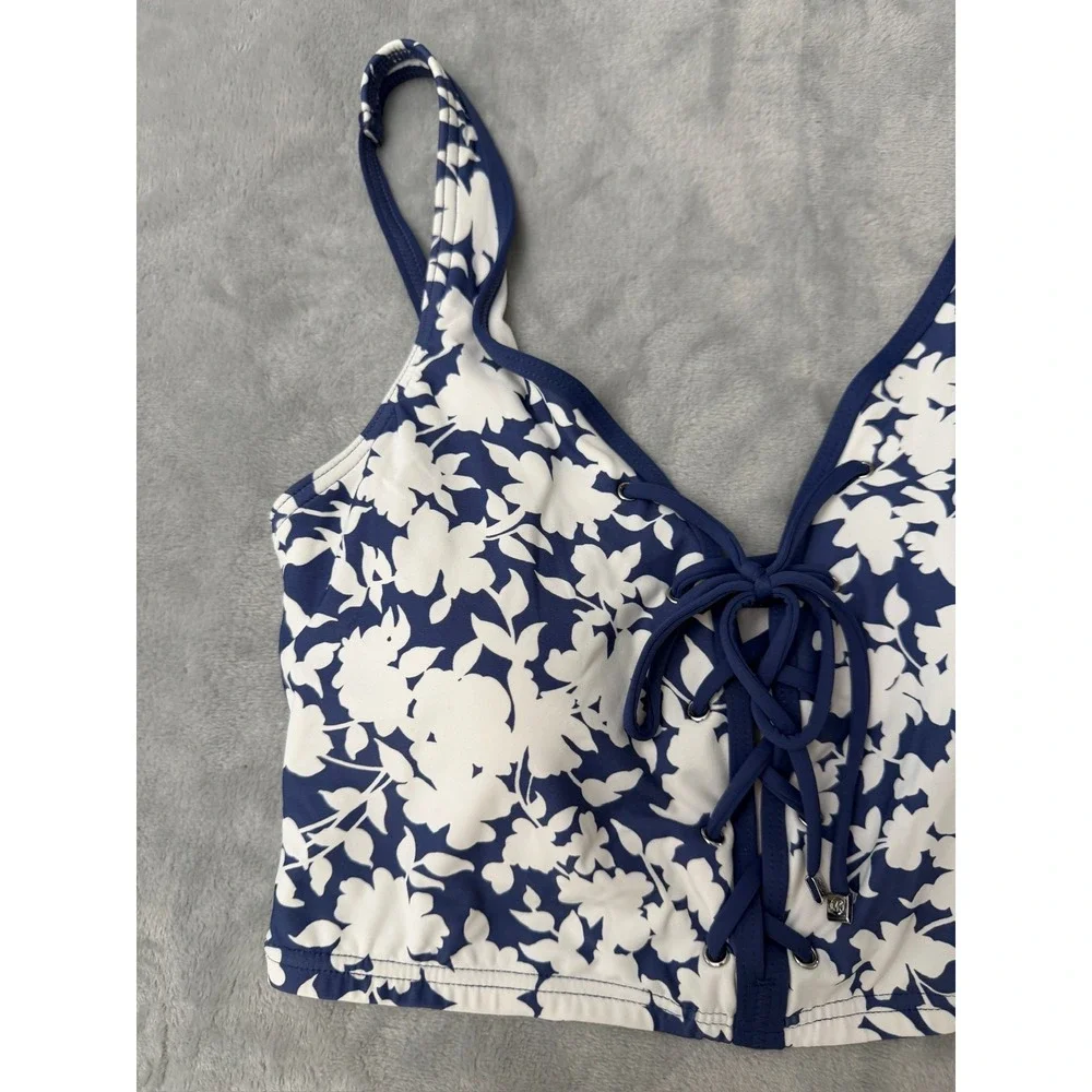 Michael Kors X2712 Printed Lace-up V-Neck Bikini Top - Chambry Size S $102 NEW